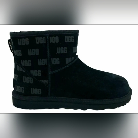NEW UGG MEN\'S CLASSIC MINI II UGG PRINT LOGO BLACK SUEDE SHEEPSKIN BOOTS Size 10 main image 12